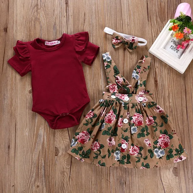 3Pcs Newborn Baby Girl Clothes Infant Short Sleeve Romper Top Strap Dress Headband Toddler Baby clothing Summer Cute Outfits Set