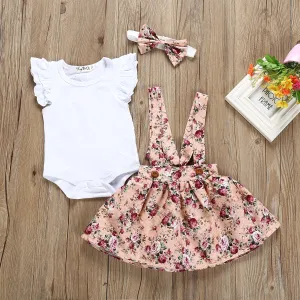 3Pcs Newborn Baby Girl Clothes Infant Short Sleeve Romper Top Strap Dress Headband Toddler Baby clothing Summer Cute Outfits Set