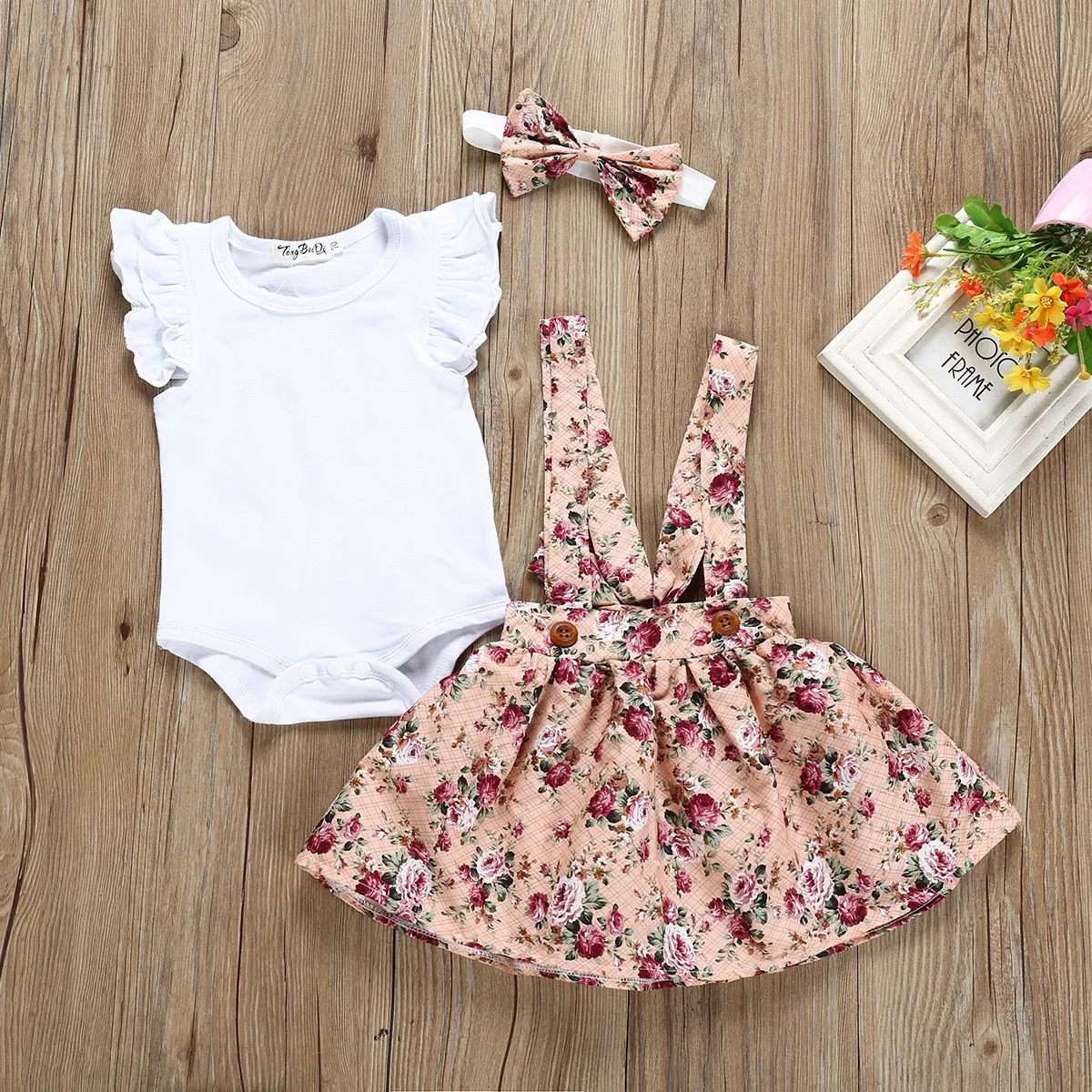 3Pcs Newborn Baby Girl Clothes Infant Short Sleeve Romper Top Strap Dress Headband Toddler Baby clothing Summer Cute Outfits Set