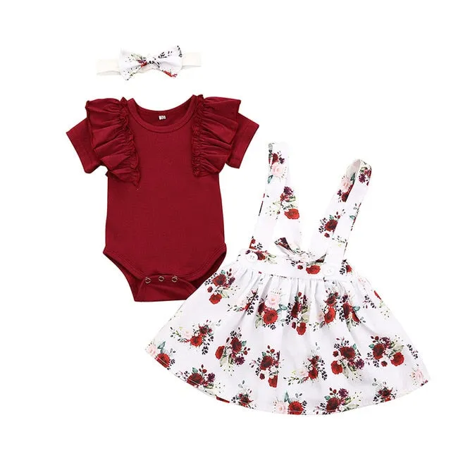 3Pcs Newborn Baby Girl Clothes Infant Short Sleeve Romper Top Strap Dress Headband Toddler Baby clothing Summer Cute Outfits Set