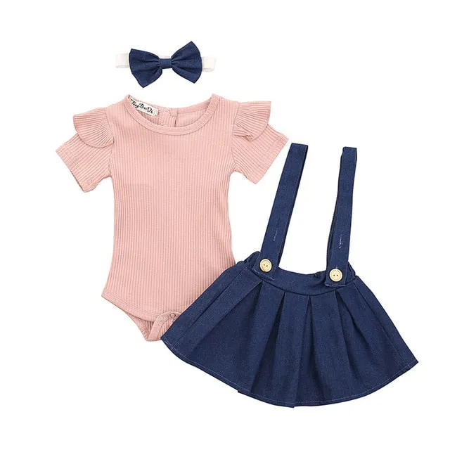 3Pcs Newborn Baby Girl Clothes Infant Short Sleeve Romper Top Strap Dress Headband Toddler Baby clothing Summer Cute Outfits Set