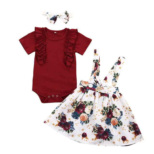 3Pcs Newborn Baby Girl Clothes Infant Short Sleeve Romper Top Strap Dress Headband Toddler Baby clothing Summer Cute Outfits Set