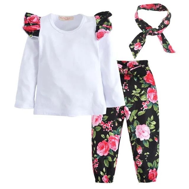 Baby Girl Clothes Fashion Newborn Infant Autumn 3Pcs Set Cotton T-shirt Pants Headband Fall Toddler Outfits Girls Clothing Suit