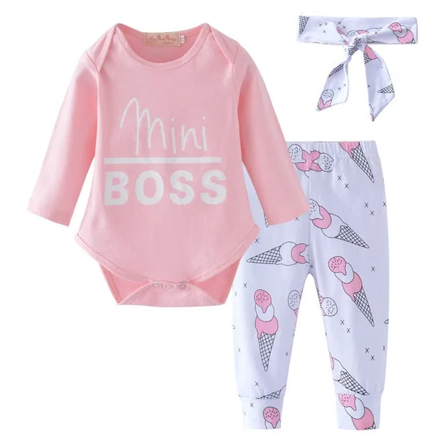 Baby Girl Clothes Fashion Newborn Infant Autumn 3Pcs Set Cotton T-shirt Pants Headband Fall Toddler Outfits Girls Clothing Suit