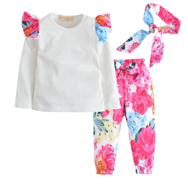 Baby Girl Clothes Fashion Newborn Infant Autumn 3Pcs Set Cotton T-shirt Pants Headband Fall Toddler Outfits Girls Clothing Suit