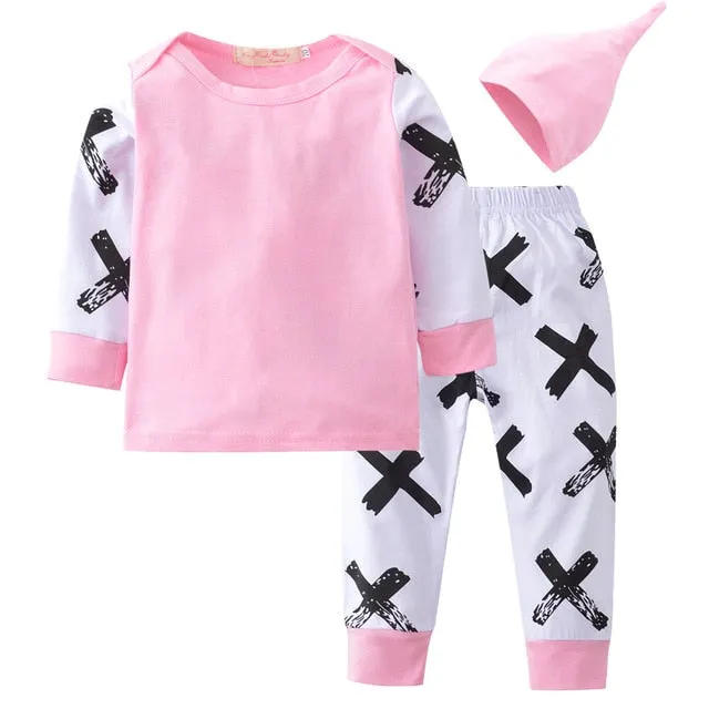 Baby Girl Clothes Fashion Newborn Infant Autumn 3Pcs Set Cotton T-shirt Pants Headband Fall Toddler Outfits Girls Clothing Suit