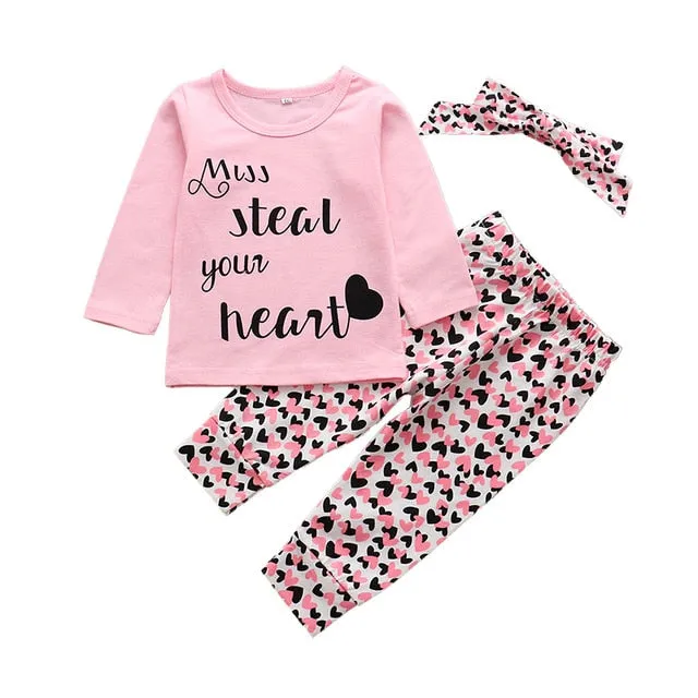 Baby Girl Clothes Fashion Newborn Infant Autumn 3Pcs Set Cotton T-shirt Pants Headband Fall Toddler Outfits Girls Clothing Suit