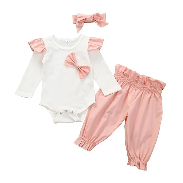 Baby Girl Clothes Fashion Newborn Infant Autumn 3Pcs Set Cotton T-shirt Pants Headband Fall Toddler Outfits Girls Clothing Suit