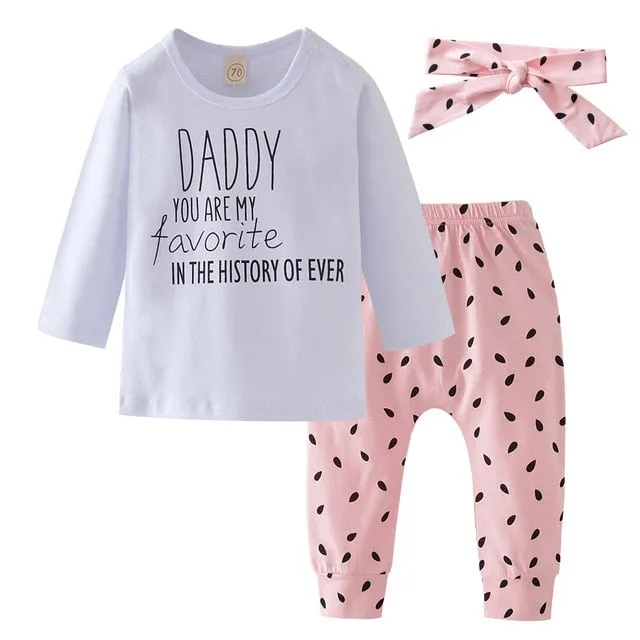 Baby Girl Clothes Fashion Newborn Infant Autumn 3Pcs Set Cotton T-shirt Pants Headband Fall Toddler Outfits Girls Clothing Suit
