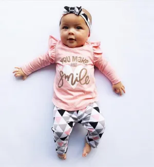 Baby Girl Clothes Fashion Newborn Infant Autumn 3Pcs Set Cotton T-shirt Pants Headband Fall Toddler Outfits Girls Clothing Suit