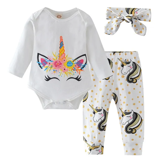 Baby Girl Clothes Fashion Newborn Infant Autumn 3Pcs Set Cotton T-shirt Pants Headband Fall Toddler Outfits Girls Clothing Suit