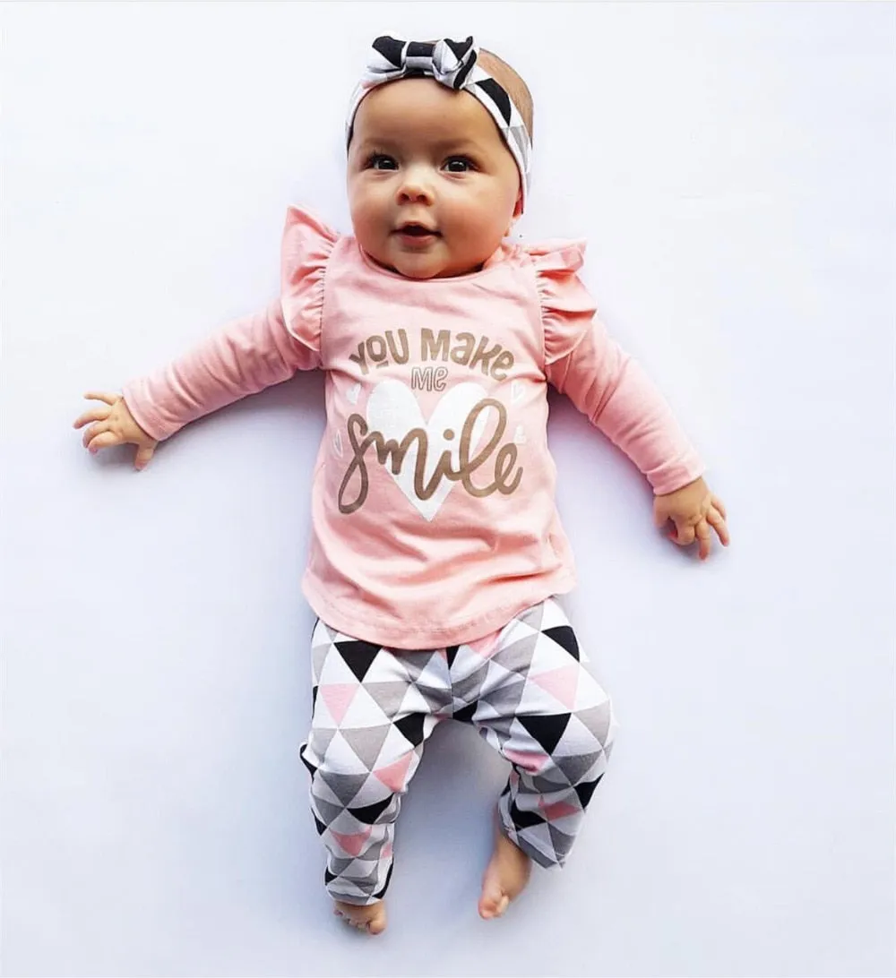 Baby Girl Clothes Fashion Newborn Infant Autumn 3Pcs Set Cotton T-shirt Pants Headband Fall Toddler Outfits Girls Clothing Suit