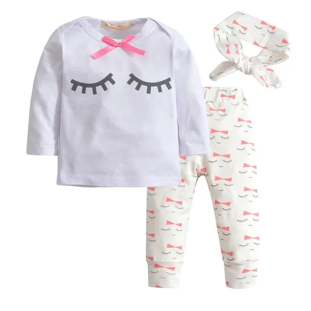 Baby Girl Clothes Fashion Newborn Infant Autumn 3Pcs Set Cotton T-shirt Pants Headband Fall Toddler Outfits Girls Clothing Suit