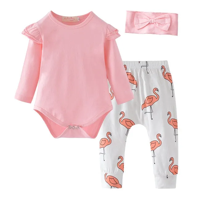 Baby Girl Clothes Fashion Newborn Infant Autumn 3Pcs Set Cotton T-shirt Pants Headband Fall Toddler Outfits Girls Clothing Suit