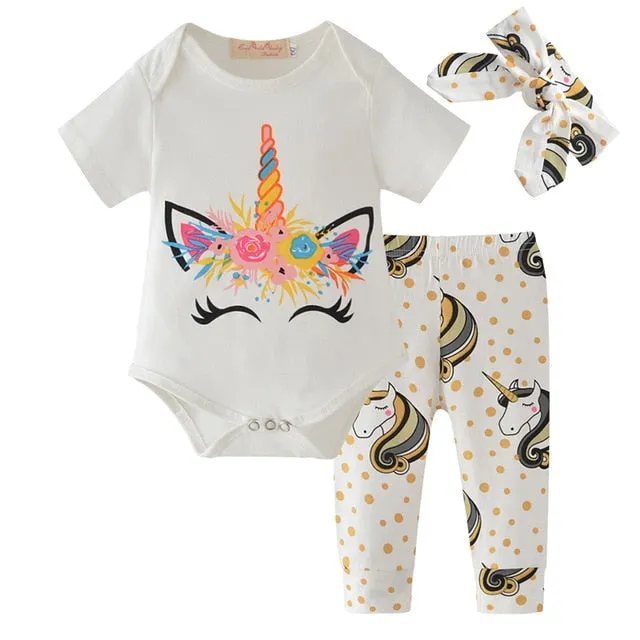 Baby Girl Clothes Fashion Newborn Infant Autumn 3Pcs Set Cotton T-shirt Pants Headband Fall Toddler Outfits Girls Clothing Suit