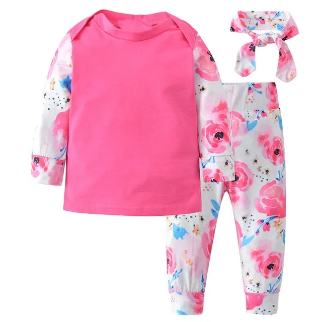 Baby Girl Clothes Fashion Newborn Infant Autumn 3Pcs Set Cotton T-shirt Pants Headband Fall Toddler Outfits Girls Clothing Suit
