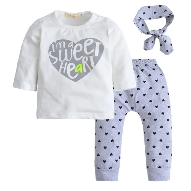 Baby Girl Clothes Fashion Newborn Infant Autumn 3Pcs Set Cotton T-shirt Pants Headband Fall Toddler Outfits Girls Clothing Suit