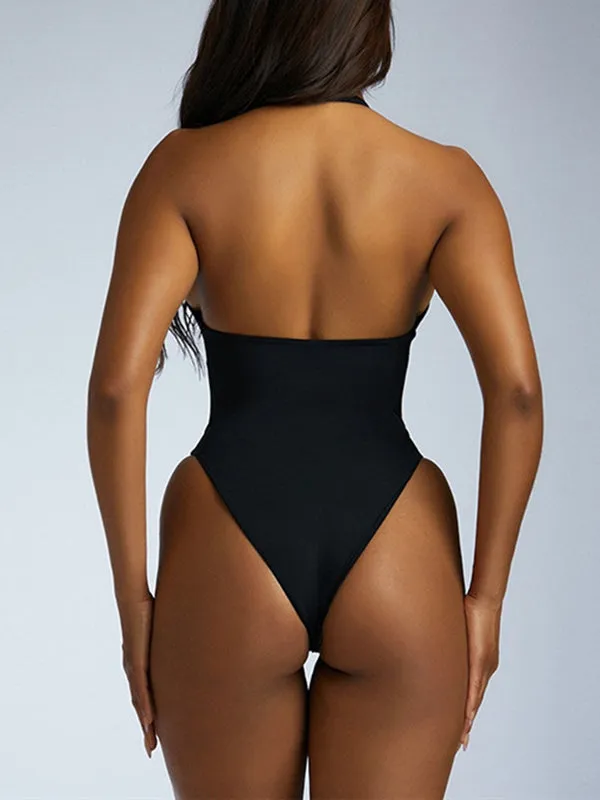 Momnfancy Black Patchwork Grenadine Backless Off-shoulder Lace Up Halter Neck One Piece Beach Fashion Bikini Maternity Swimwear