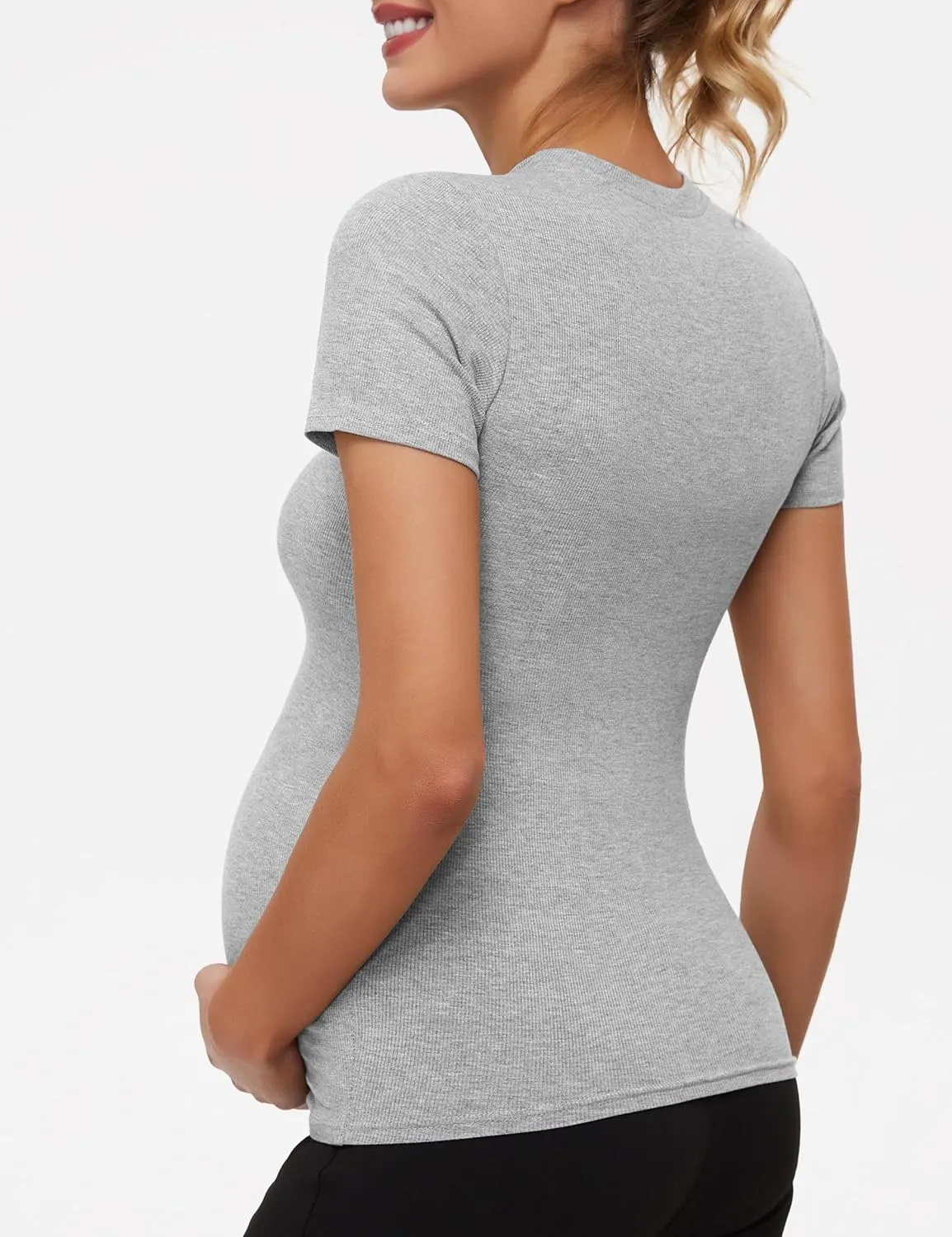 Peauty Maternity Ribbed T-Shirts with Crew Neck and Short Sleeves Shirts, Before During After Pregnancy Clothes