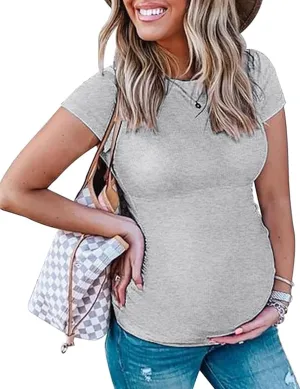 Peauty Maternity Ribbed T-Shirts with Crew Neck and Short Sleeves Shirts, Before During After Pregnancy Clothes