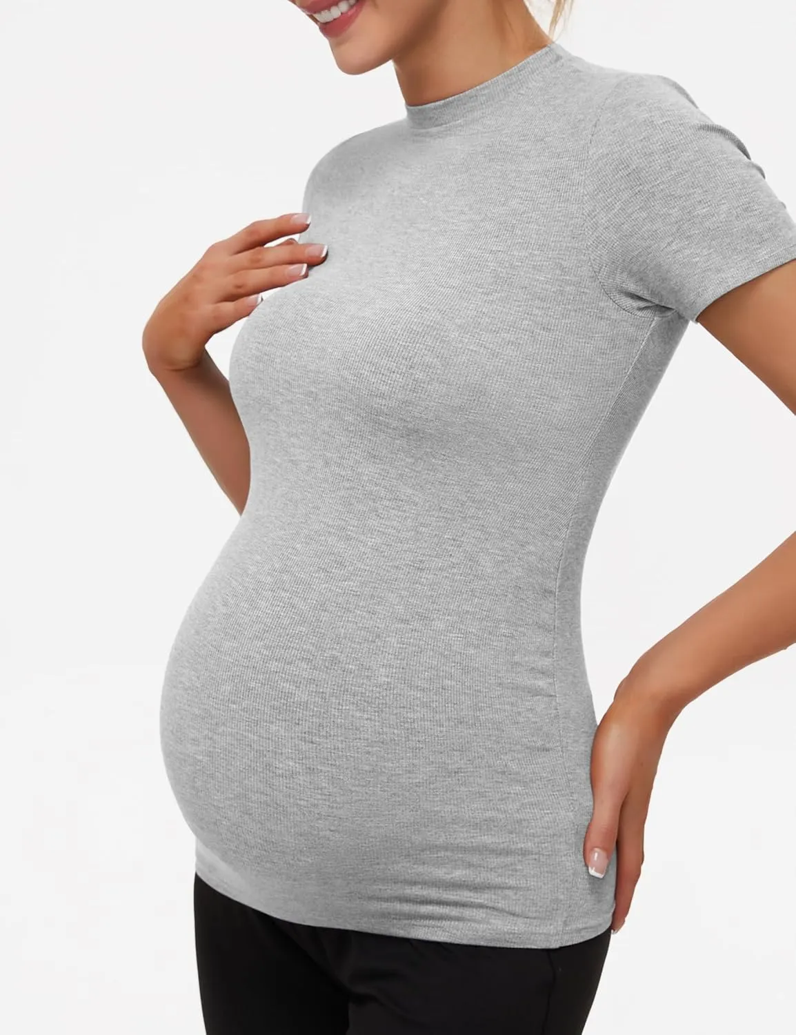 Peauty Maternity Ribbed T-Shirts with Crew Neck and Short Sleeves Shirts, Before During After Pregnancy Clothes